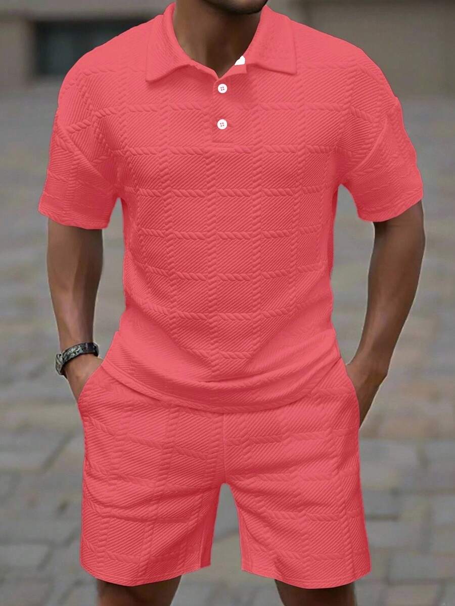 Manfinity Homme 男士純色短袖 Polo 衫與短褲休閒日常穿搭套裝 - 紅色 - 查看 1