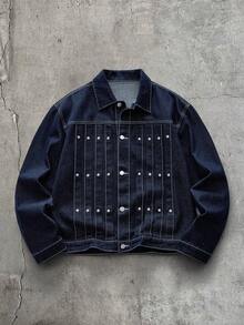 AXEPEAK Setelan Jaket Pria Lengan Panjang Berlipit dengan Kancing Depan dan Celana Jeans Longgar Berbahan Denim dengan Kancing Depan - Biru - View 4