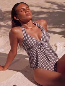 SHEIN Swim Spring/Summer Beach Party Vacation Casual Retro Tropical 70s 80s Plaid Print Spaghetti Strap Tie Bikini Set, Front Bow + Pants, Luxury Black And White - Multicolor - View 3