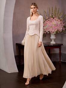 MOTF Soiréza ELEGANT WOMEN'S SQUARE NECK LONG SLEEVE BEADED CHIFFON PLEATED MAXI DRESS , WEDDING, PARTY - Champagne - View 3