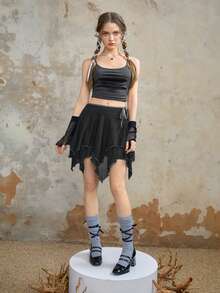 ROMWE Fairycore Contrast Binding Knot Side Asymmetrical Hem Skirt - Black - View 2