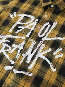 ROMWE MEN Paul Frank X ROMWE 男士夏季休閒字母印花格紋襯衫 - 黃色 - 查看 3