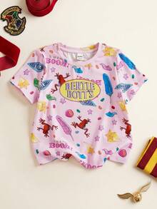 HARRY POTTER X SHEIN Young Girl Round Neck Letter Cartoon Print Casual Daily Short Sleeve T-Shirt - Pink - View 1