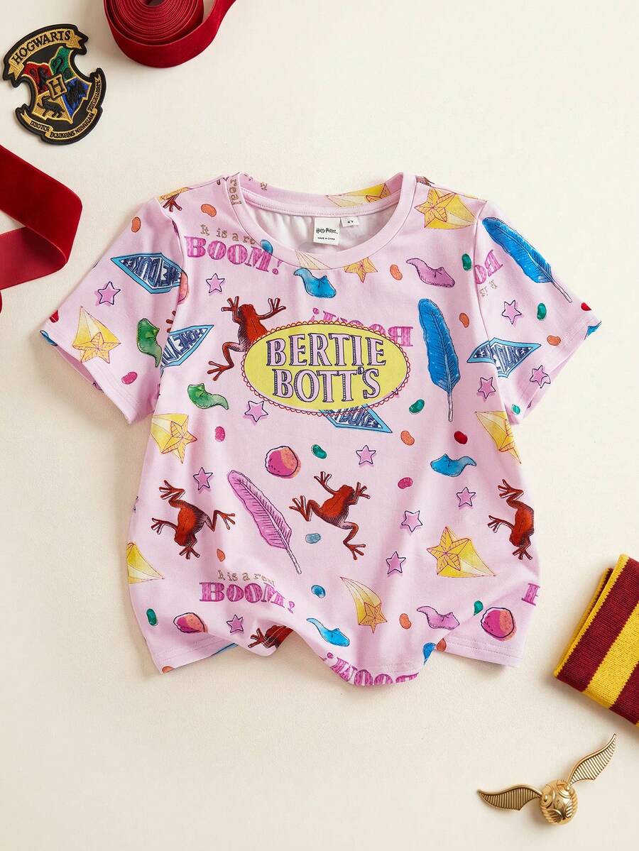 HARRY POTTER X SHEIN Young Girl Round Neck Letter Cartoon Print Casual Daily Short Sleeve T-Shirt - Pink - View 1