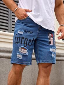 Manfinity LEGND Men's Plus Size Letter Print Distressed Denim Shorts - Light Wash - View 4