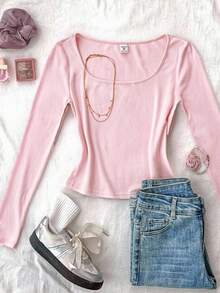 SHEIN Tween Girls T-Shirts Knit Solid Color Crew Neck Fitted Casual Clean Girl Cute Short Length Long Sleeve Farewell School Light Pink Summer - Pink - View 3
