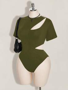 SHEIN ICON 女款大尺碼純色鏤空休閒百搭日常穿著連身衣 - 軍綠色 - 查看 1