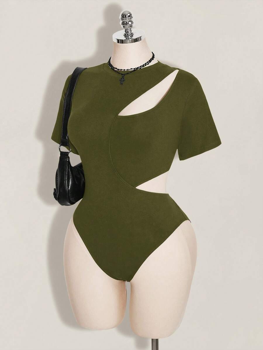 SHEIN ICON 女款大尺碼純色鏤空休閒百搭日常穿著連身衣 - 軍綠色 - 查看 1