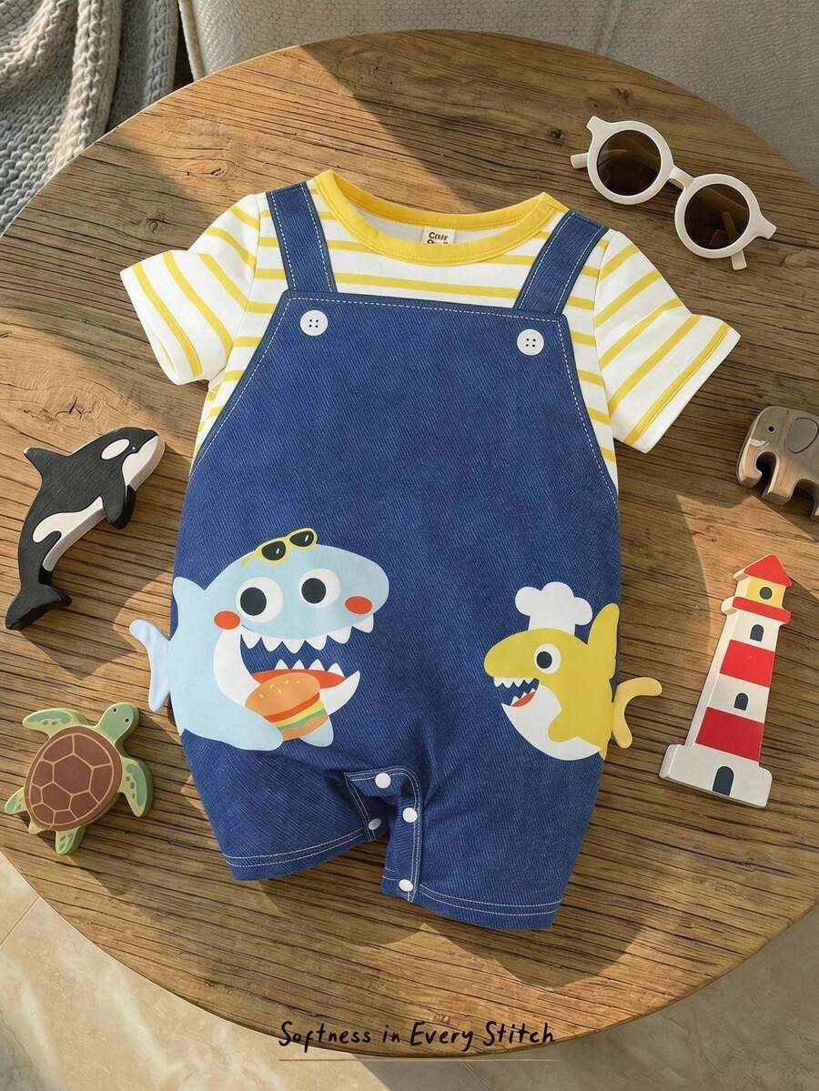 Cozy Pixies Baby Boy Striped Pattern Cartoon Dinosaur Round Neck Short Sleeve Romper - Red - View 1