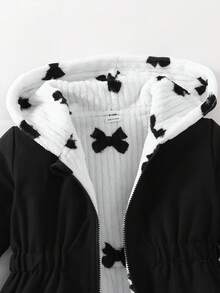 SHEIN Playful Pals Reversible Baby Girl Autumn/Winter Bow Plush Flannel All-Match Versatile Casual Thickened Waist-Cinching Long Coat Warm Jacket - Black and White - View 8