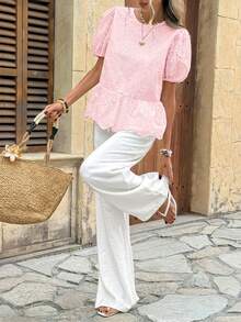 SHEIN LUNE 女款休閒刺繡夏季度假通勤日常基礎時尚外出穿搭 花瓣袖短袖收腰可愛襯衫 - 粉色 - 查看 6
