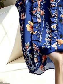 SHEIN Franclia 法式復古花卉印花單排扣荷葉邊飾襯衫，適合戶外活動與生日慶祝 - 寶藍色 - 查看 3