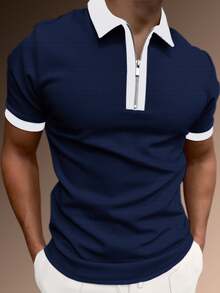Manfinity Homme Camisa polo de manga corta con bloques de color y patchwork para hombre - Azul Marino - Ver 1