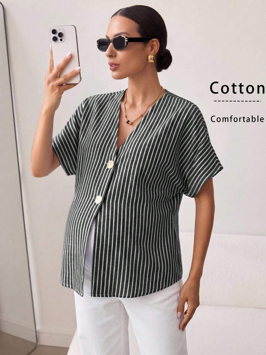 MaterniWear 孕婦條紋拼接單排扣休閒百搭日常出遊襯衫 - 黑與白 - 查看 1