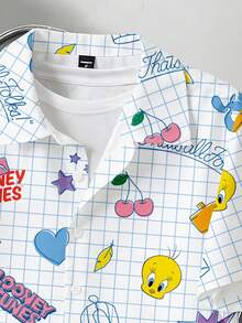 LOONEY TUNES X SHEIN Manfinity Joysei 男士格紋愛心圖案短袖單排扣休閒襯衫 - 藍色 - 查看 3