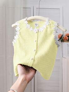 SHEIN Young Girl Knitted Solid Color Patchwork Contrast Color Floral Ribbon Casual Vest - Yellow - View 2
