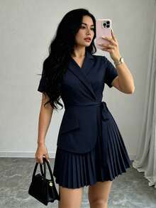 Modelyn Women's Solid Color Elegant Intellectual Commuting Patchwork Short Sleeve Blazer Vest Pleated Layered Mini Dress, Spring/Summer - Navy Blue - View 1