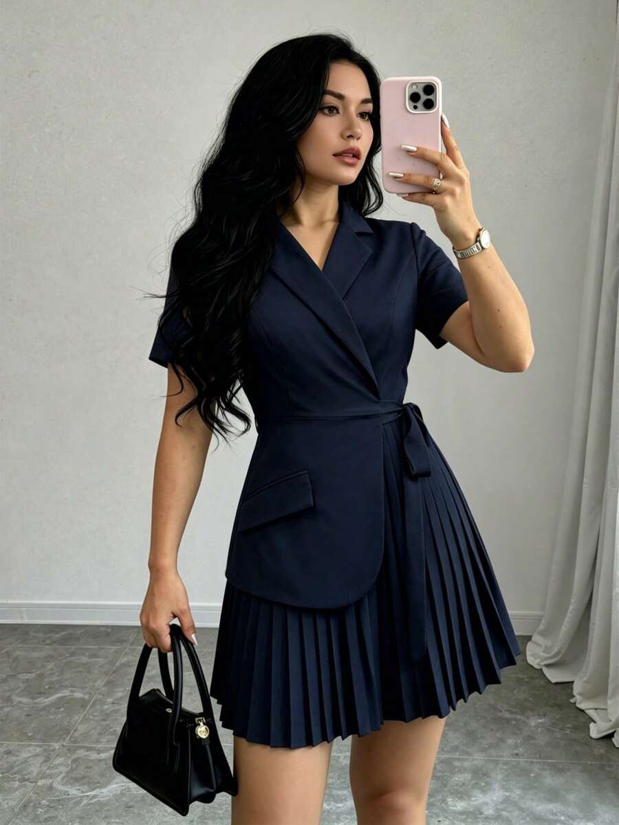 Modelyn Women's Solid Color Elegant Intellectual Commuting Patchwork Short Sleeve Blazer Vest Pleated Layered Mini Dress, Spring/Summer - Navy Blue - View 1