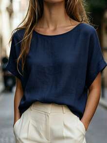 Trelyra Blus Wanita Kasual Longgar Model Slimming dengan Leher Bulat - Navy Blue - View 1