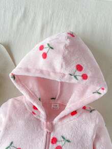 SHEIN 女嬰櫻桃印花毛絨連帽連身衣，嬰兒秋冬爬行服兼外穿衣 - 粉色 - 查看 6