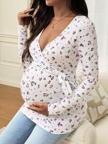SHEIN Top d'allaitement de maternité à col en V profond avec imprimé floral, décontracté et polyvalent pour le port quotidien en automne - Blanc - Voir 9
