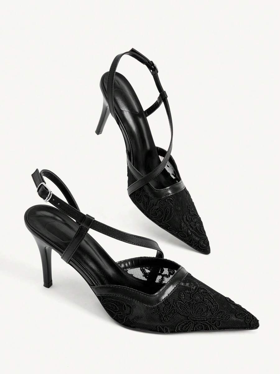 CUCCOO CHICEST Premium Black Lace Pointed Women's Thin Heel Hollow Design Rear Hollow High Heel Shoes - Black - View 1