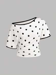 SHEIN 兒童青少年女孩 T-Shirt 春夏新款 波點圖案 黑白配色拼接飾邊 收腰短袖針織素色 全季休閒 Y2K 基本款露肩收腰 T-Shirt 百搭流行款 返校季 - 黑與白 - 查看 5