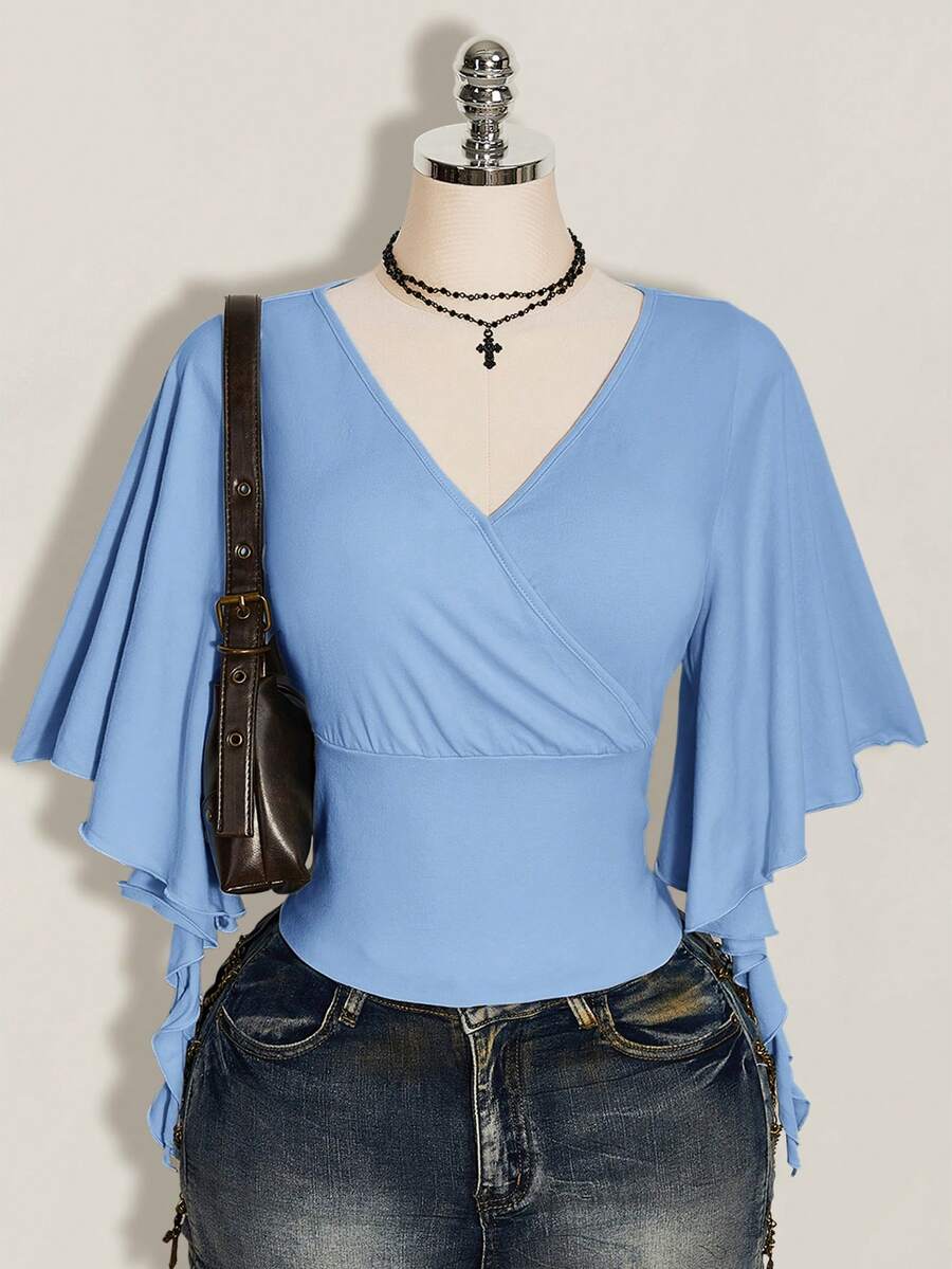 SHEIN ICON 女款大尺碼V領純色百褶休閒百搭日常穿搭T恤 - 藍色 - 查看 1