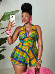 Maweii Women's Plus Size Vacation Plaid Front Knot Halter Neck Tie Tank Top Beach Blue And Yellow Summer Sexy - Multicolor - View 5