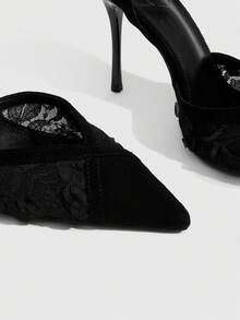 CUCCOO SZL Black Lace Mesh Pointed Buckle Back Empty Stiletto Shoes, Commuter Workplace Model - Black - View 5