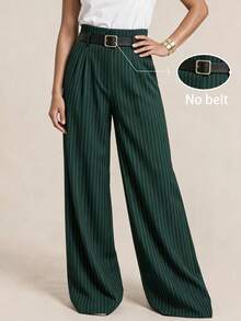 SHEIN LUNE CURVE 大尺碼女款條紋休閒百搭日常長褲 - 墨綠色 - 查看 1