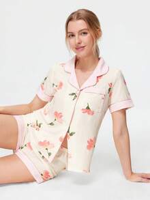 Bonmuse Conjunto de pijama con estampado floral de verano, top de manga corta con solapa y botones elegante y suave, y shorts, conjunto de ropa de dormir y de estar por casa de 2 piezas para mujer - Multicolor - Ver 8