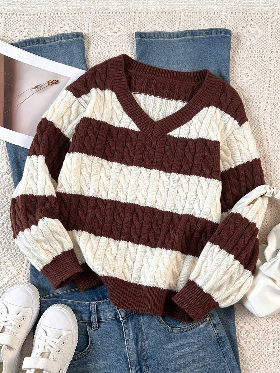 SHEIN Tween Girls Striped Colorblock Cable Knit V-Neck Lantern Sleeve Oversized Pullover Sweater, Suitable For Autumn/Winter, Suitable For Outings - Khaki - View 1