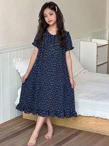 DAZY Gaun Lengan Panjang Berkerah Ruffle Motif Lembut & Nyaman untuk Anak Perempuan Remaja, Pakaian Santai Kasual - Navy Blue - View 4