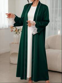 Al Najma Contrast Color Placket With Petal Decoration, Contrast Lace, Holiday Wear Arabic Long Robe - Dark Green - View 5