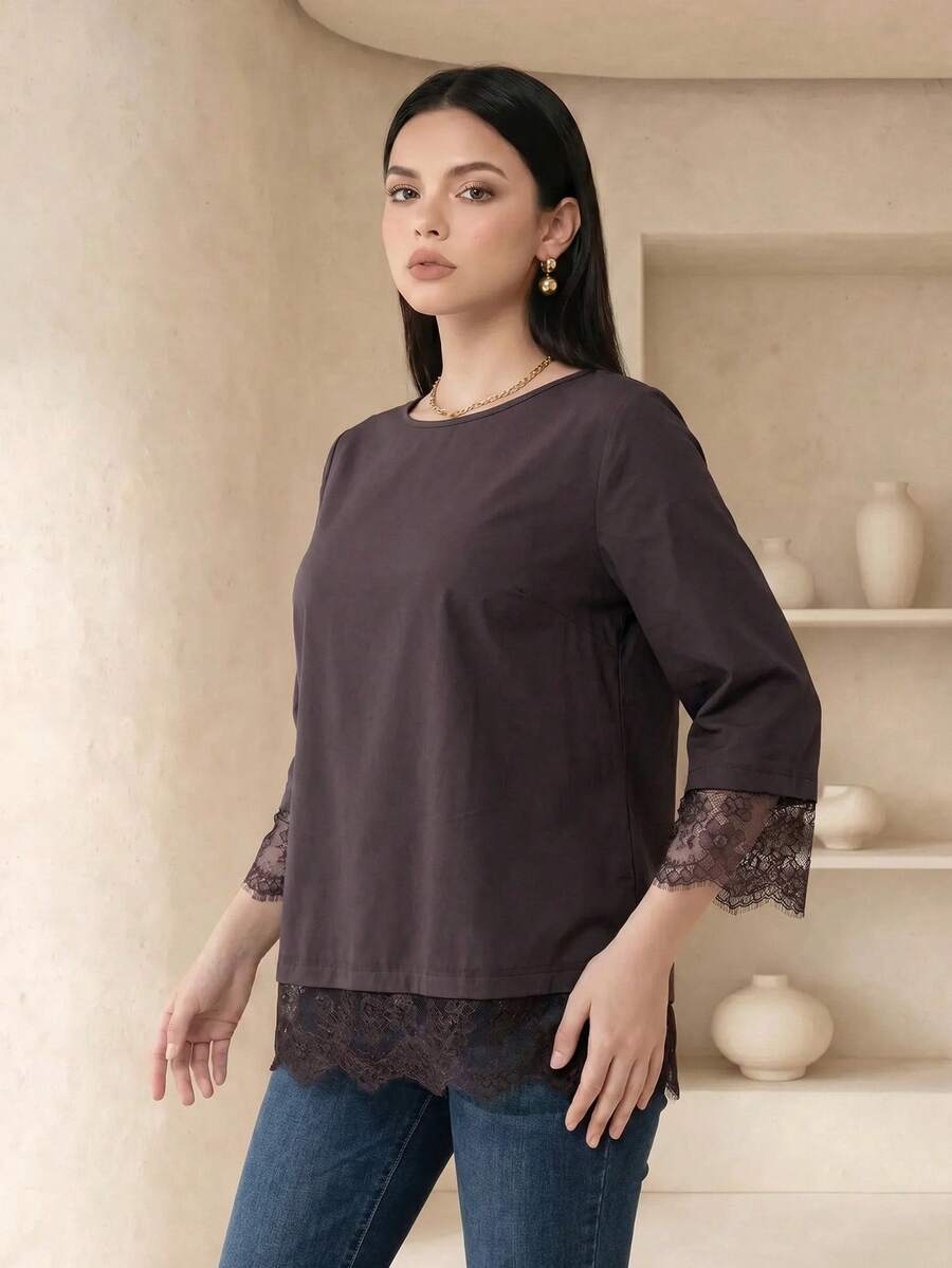 Veilorie Áo top 2 trong 1 phối ren phong cách thường ngày - màu nâu - Xem 1