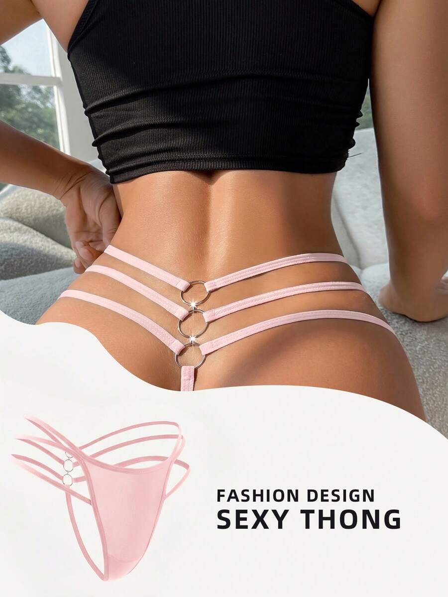 Divavoom 女款純色環扣連接性感日常丁字褲 - 粉色 - 查看 1