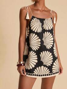 Travachic 女款度假全印花肩部流蘇綁帶罩衫洋裝 - 彩色 - 查看 6