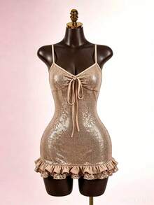 SaltGleam SaltGleam Women's Solid Color Sequin Front Tie Cami Dress - Gold - View 4