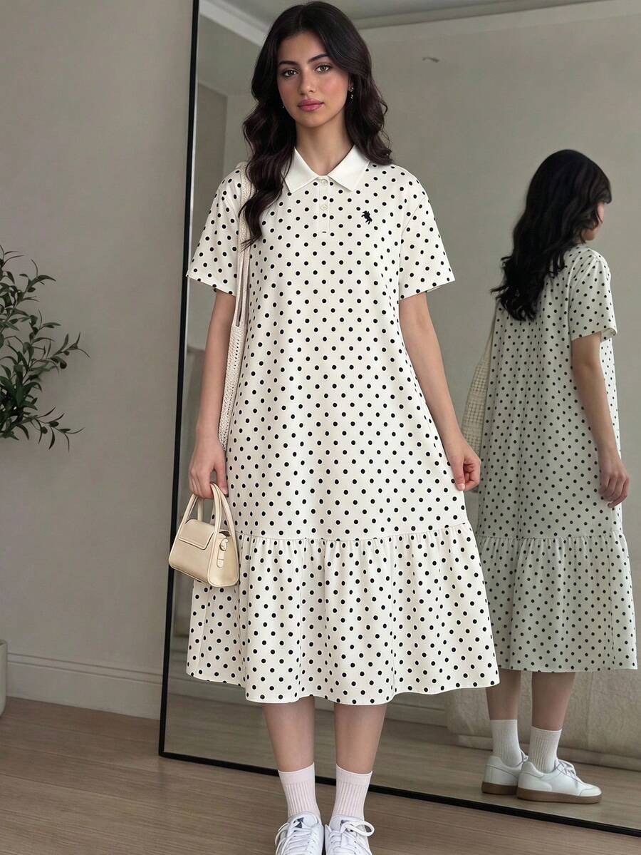 SHEIN 兒童青少年女孩 Polo 領波點印花刺繡短袖中長洋裝,返校季 - 黑與白 - 查看 1