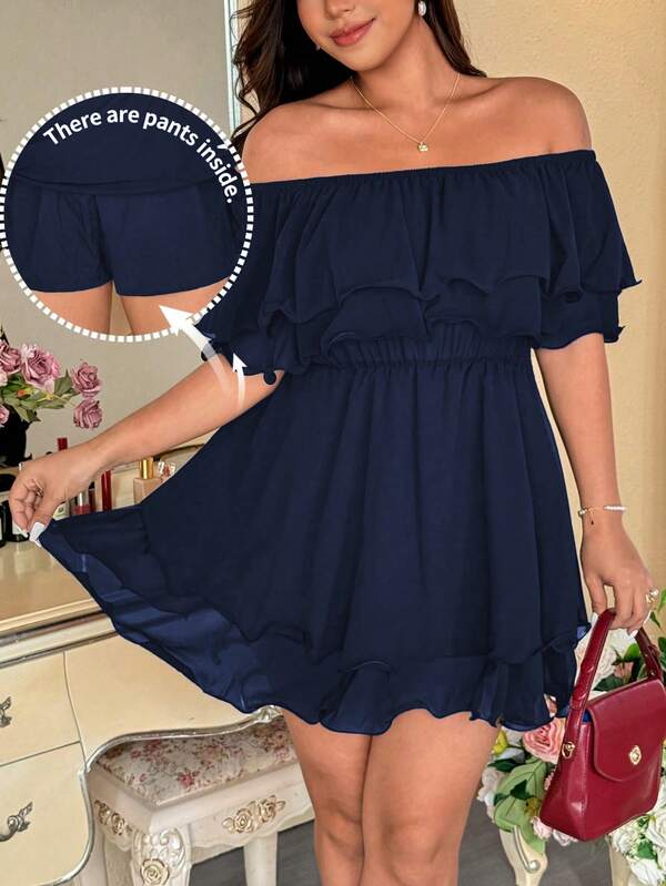 Vionelle Mono corto elegante y sexy de talla grande para mujer, color liso, con hombros descubiertos y volantes de doble capa