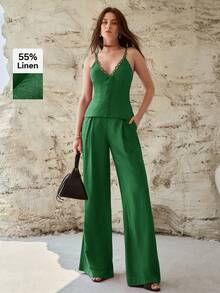 MOTF PREMIUM WOMEN'S V-NECK LINEN TOP, SPRING/SUMMER - Green - View 1