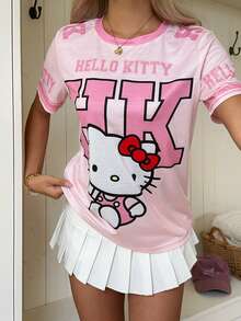 CovetEZ HELLO KITTY AND FRIENDS | SHEIN 可愛休閒極簡運動街頭百搭派對機場風，數字英文字母學院風星星貓咪印花圖案，音樂節，女款夏季圓領寬鬆短袖T恤 - 彩色 - 查看 3