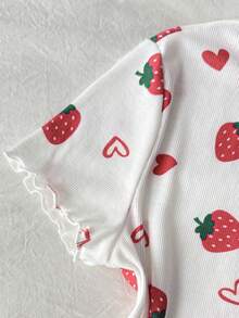 SHEIN 少女睡衣 2 件套，簡約可愛愛心與草莓圖案，圓領短袖上衣配荷葉邊下擺，長褲，柔軟舒適親膚針織羅紋居家睡衣 - 紅色 - 查看 4