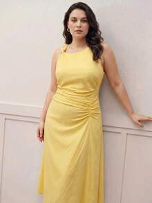 MOTF PREMIUM WOMEN'S PLUS SIZE EARLY AUTUMN LINEN BLEND DECONSTRUCTED DESIGN MIDI DRESS - Yellow - View 3
