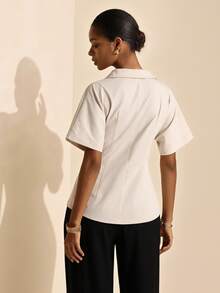 Elafinee Women's Spring/Summer Short Sleeve Blouse With Lapel V-Neck, Wrap Waist, Metal Buckle And Ruffle Hem - Khaki - View 2