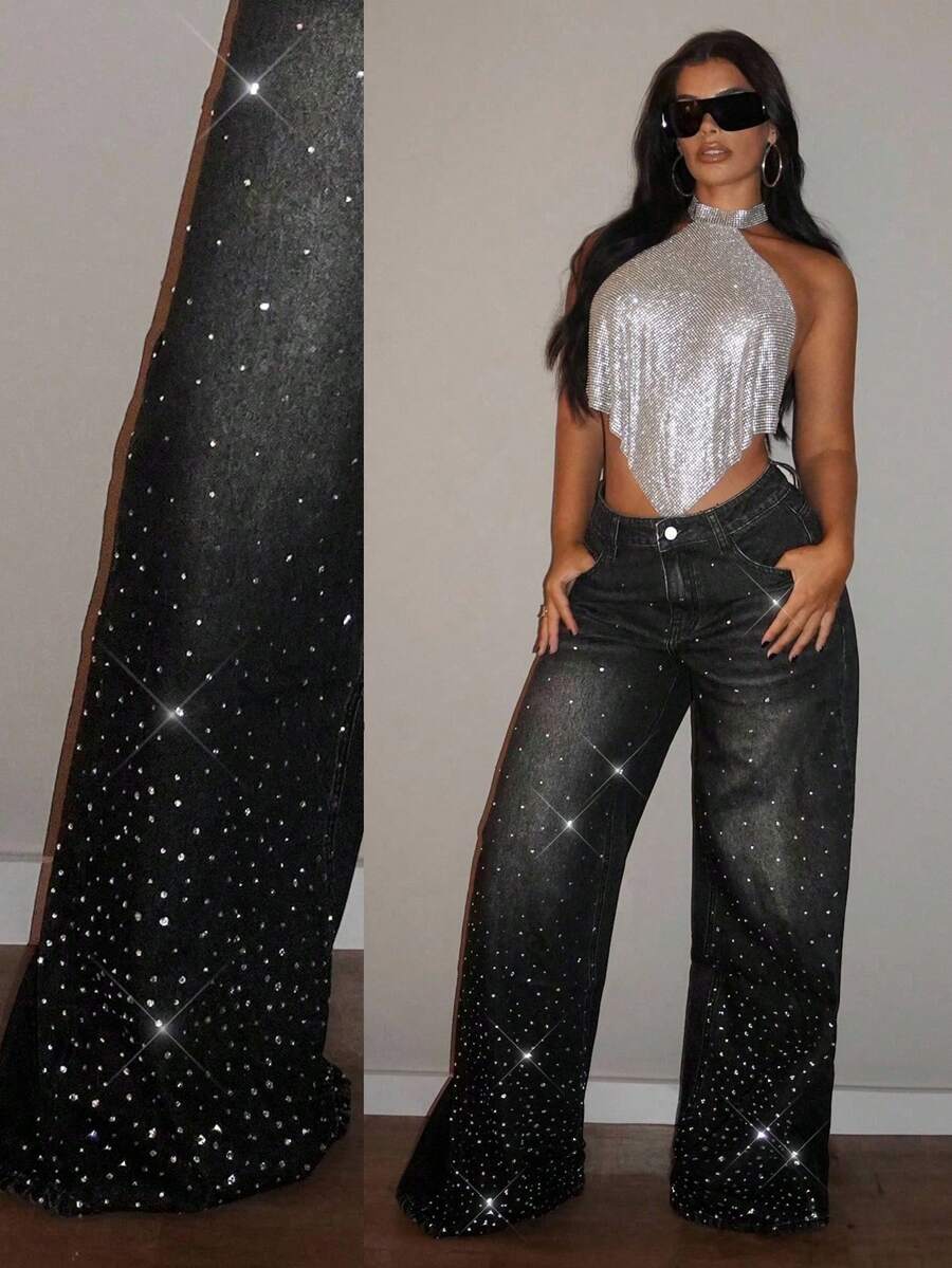 Jeanoix Plus Size Women's Fashion Rhinestone Embellished Washed Denim Wide Leg Pants Rave Black Summer - Black - View 1