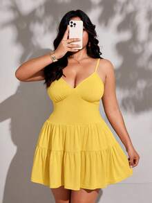Viva Relle Plus Size Casual Solid Color Sleeveless Dress, Summer - Yellow - View 1