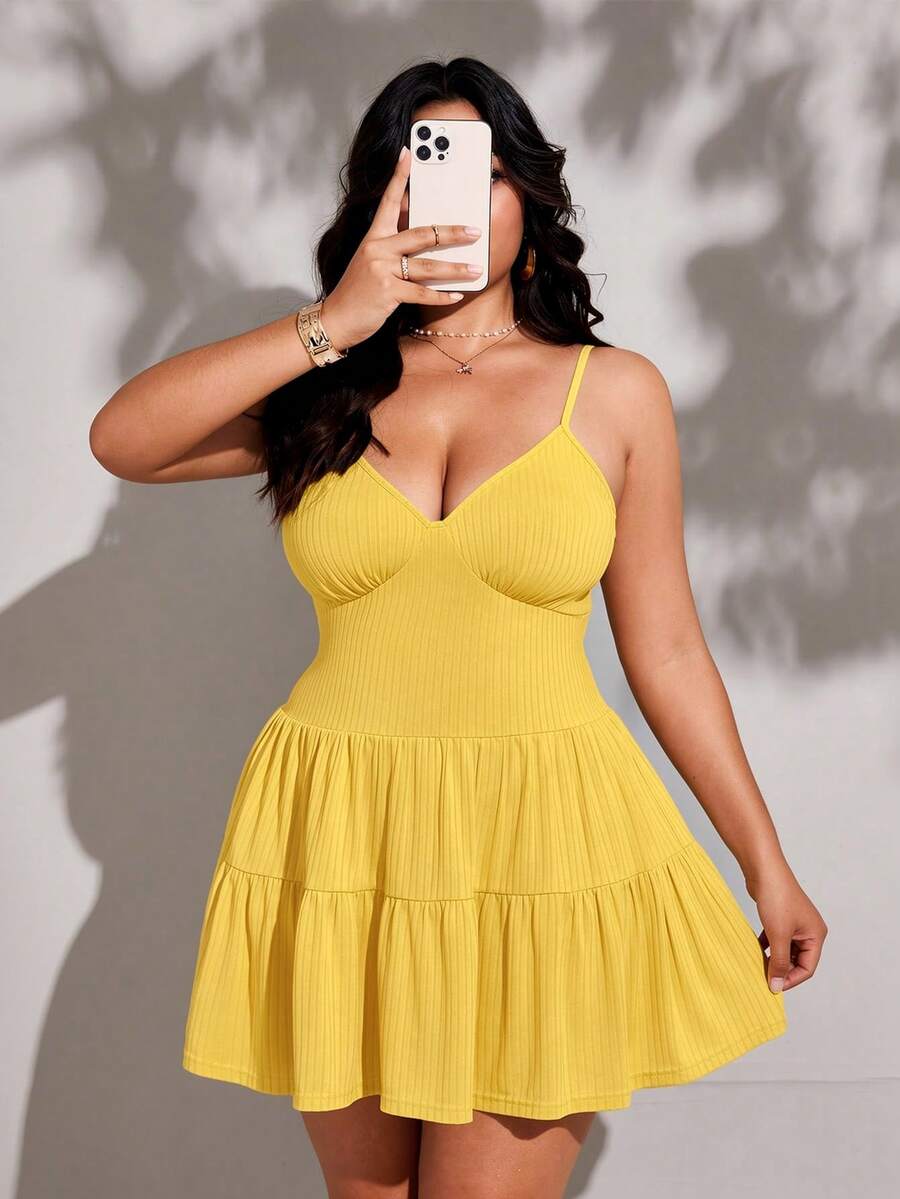 Viva Relle Plus Size Casual Solid Color Sleeveless Dress, Summer - Yellow - View 1
