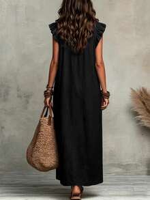 Hotletica Women's Solid Color Ruffle Hem Premium Texture Linen Casual Dress - Black - View 2